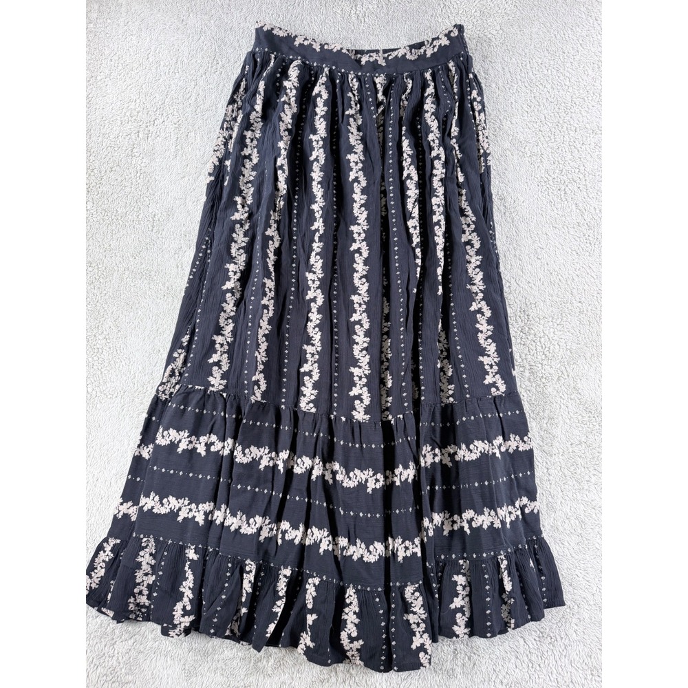 Free People Maxi Skirt Womens M Navy Floral Tiered Ruffle Boho Gauze